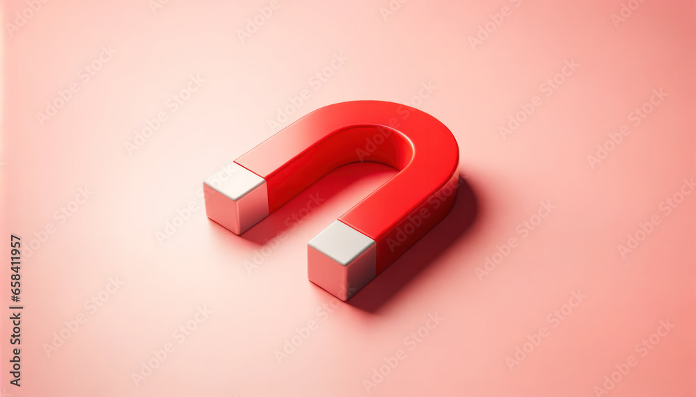 bold red magnet standing prominently against a soft pink background. The contrast between the magnet and the backdrop highlights the object, making it the focal point of the composition. bold red magnet standing prominently against a soft pink background. The contrast between the magnet and the backdrop highlights the object, making it the focal point of the composition.