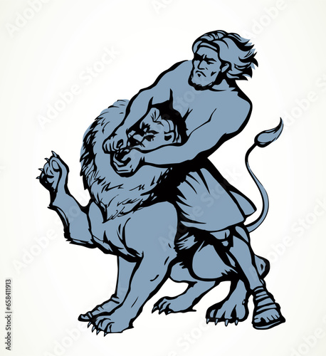 Samson fights a lion. Vector drawing