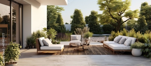 Spacious house terrace with modern garden furniture area photo