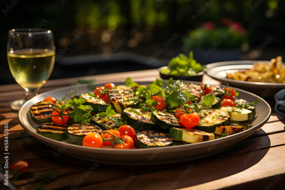  Variation of grilled vegetables, such as zucchini, mushrooms, and cherry tomatoes served on table in garden.