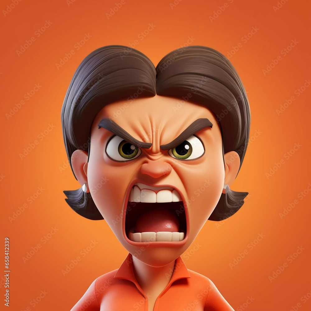 3D character avatar of a woman with an angry facial expression