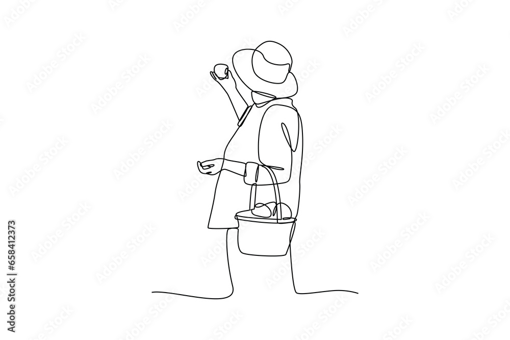 Old woman picking fruit from the garden, agriculture gardener hobby and garden job. Gardening person, gardener flowers. Flat vector illustration.