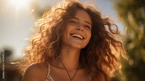 Portrait of a happy girl on a blurred background, beautiful lighting. © ArturSniezhyn