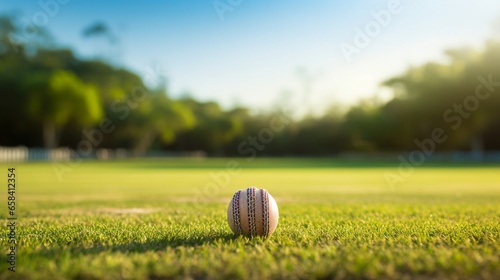 A view of a cricket bat and ball on a cricket field.