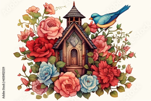 Stampa su tela Illustration of a birdhouse covered in roses and flowers