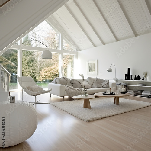 Modern white living room inside a cottage with modern scandinavian architectural design.