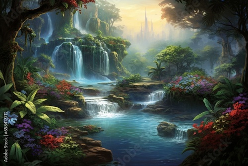 A scenic artwork featuring a captivating misty jungle river waterfall adorned with flowers, mossy boulders, and lush trees along the bank. Generative AI