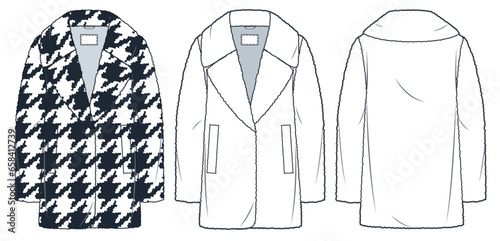 Fur Jacket technical fashion Illustration, houndstooth design. Oversize Fur Coat fashion flat technical drawing template, pockets, front and back view, white, women, men, unisex CAD mockup set.