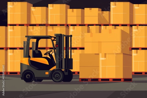 Forklift lifting supplies in storage. Illustration. Generative AI