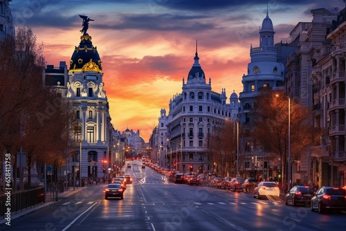 Twilight view of Madrid city skyline from Gran Via street, Spain. Generative AI