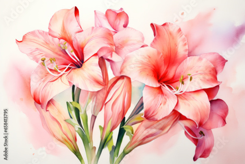 Pink amaryllis flowers, watercolor floral illustration