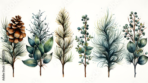 watercolor botanical elements, green leaves, pine cone clip art preview