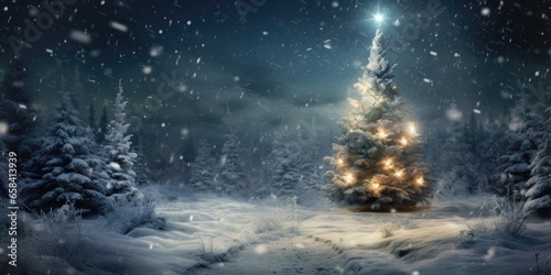 image of a decorated christmastree in the winter forest with candle lights.  © CreativeCreations