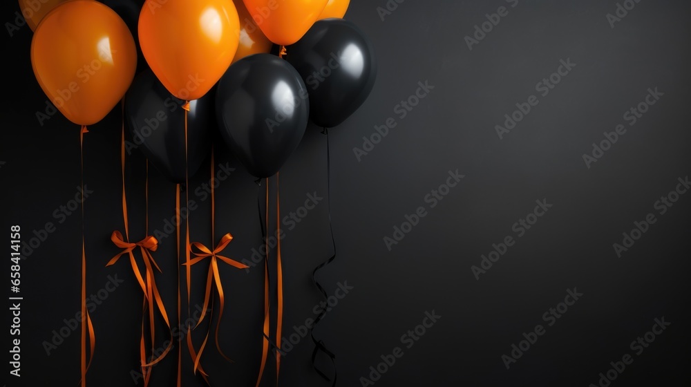 Balloons with orange ribbons and bow - obrazy, fototapety, plakaty 