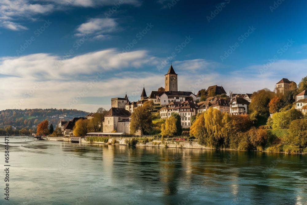 A wide cityscape with ancient Schaffhausen and the historic Munot fortress in Switzerland. Generative AI