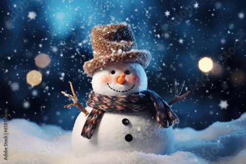 funny snowman during christmastime while snow is falling. 