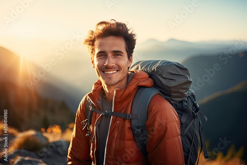 portrait of a young hiker in the mountains. sun in the background. feeling of freedome. 