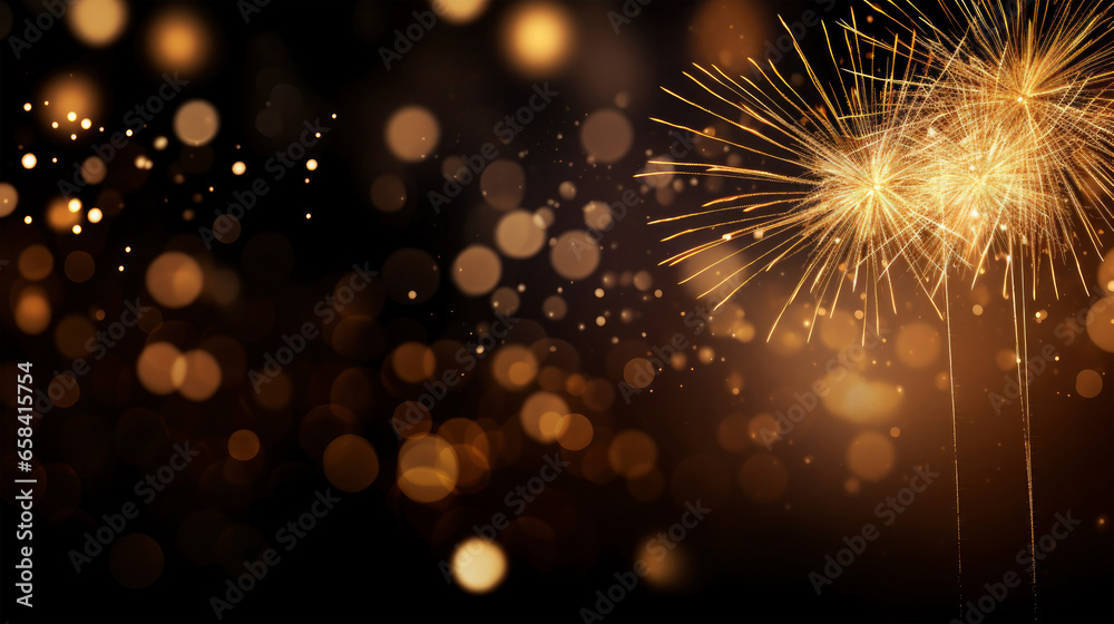 Fototapeta premium Silvester, New year eve, celebration, fireworks on dark night background with golden shining bokeh