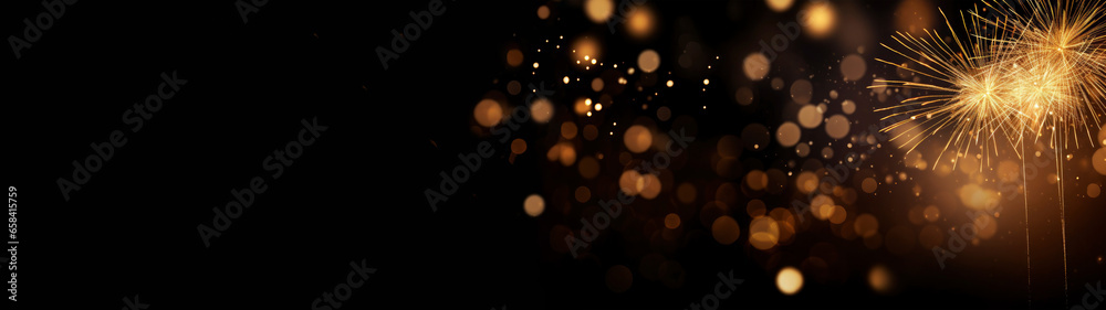 Silvester, New year eve, celebration, fireworks on dark night background with golden shining bokeh, banner, greeting card - obrazy, fototapety, plakaty 