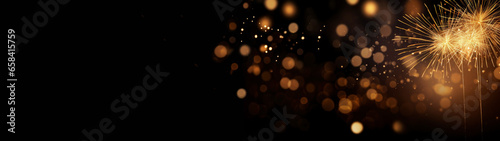 Silvester, New year eve, celebration, fireworks on dark night background with golden shining bokeh, banner, greeting card