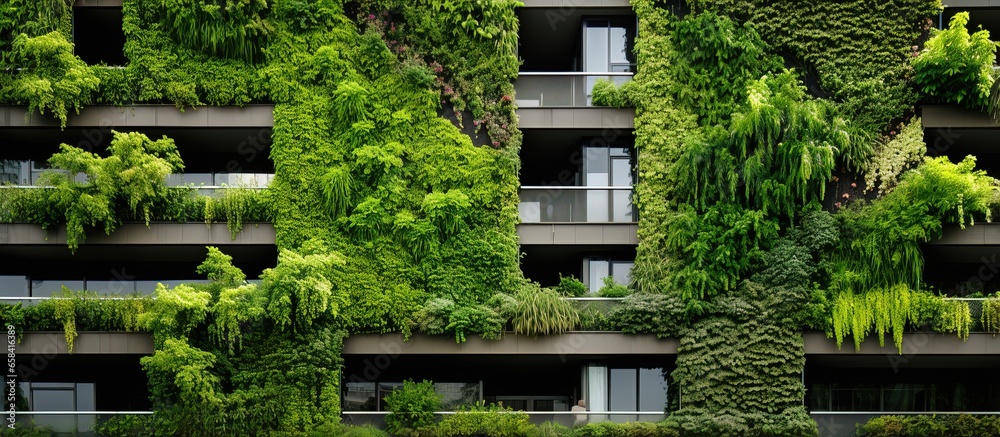 Eco friendly plants on building s green facade - obrazy, fototapety, plakaty 
