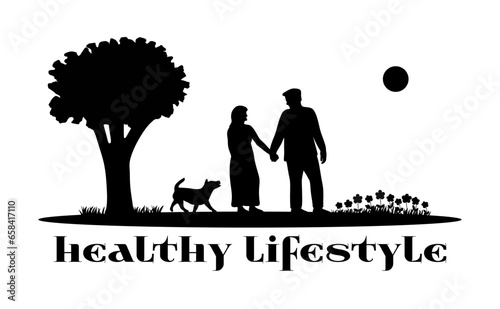 Vector silhouette of elderly couple walking their dog on a leash on white background. Symbol of animal, pet, dog, walk, tree, grass, flower, sun, park. Love dog. Couple in love.