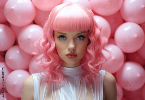 A girl with pink hair against a pink background  Generative AI 