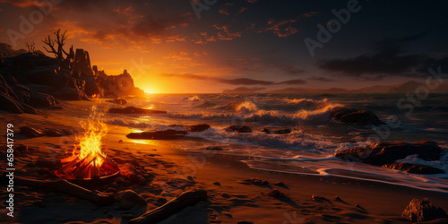 Breathtaking sunset over the ocean with a beach bonfire. © XaMaps