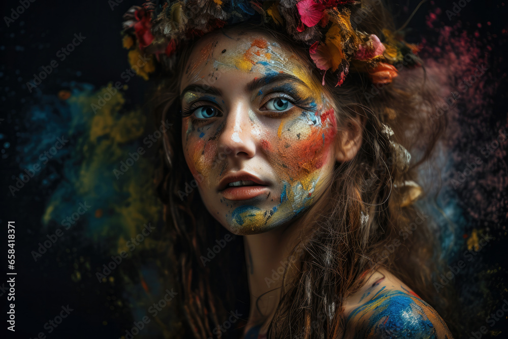 Close up of young woman with colorful floral wreath on their head and colorful skin painting (Generative AI, Generative, KI)