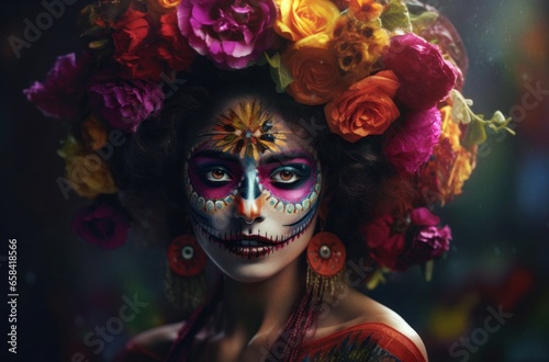 Portrait of a woman with sugar skull makeup over dark background. Halloween costume and make-up. Portrait of Calavera Catrina. Generative AI.