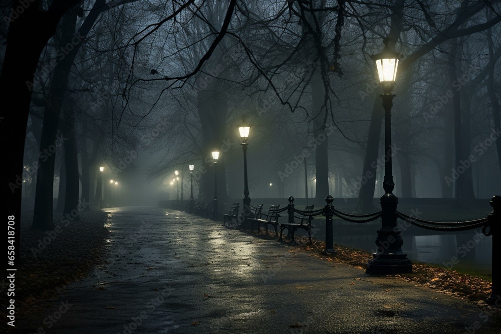 Misty park path under dark, rainy sky with street lamps. Generative AI - obrazy, fototapety, plakaty 