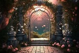 3D illustration of a mystical ancient gate adorned with foliage and blossoms, guiding to a captivating garden. Generative AI