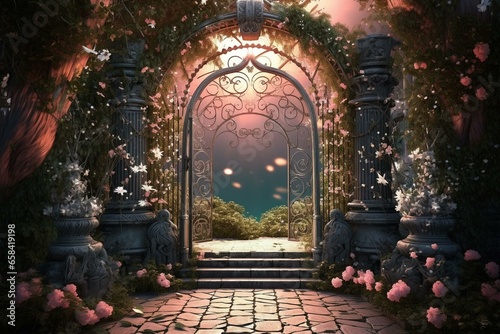 3D illustration of a mystical ancient gate adorned with foliage and blossoms  guiding to a captivating garden. Generative AI