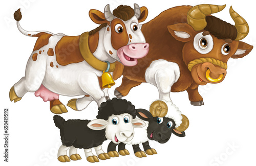 cartoon scene with happy farm animal cow and bul and two sheep having fun together isolated illustration for children