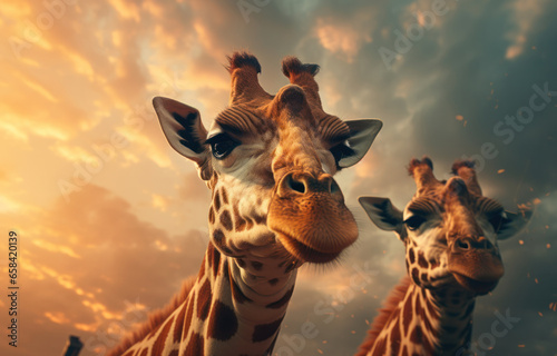 A pair of giraffes against the backdrop of a dawn sky. The beauty of African wildlife, Generative AI © Olha
