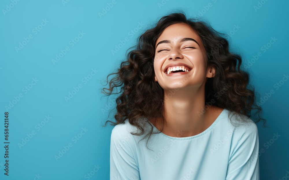 Photo of young female smiling and laughing on bright blue background Photo of young female smiling and laughing on bright blue background