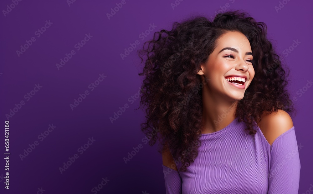 Obraz premium Photo of young female smiling and laughing on bright purple background