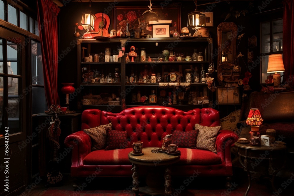 a crimson sofa amidst a cozy café filled with miscellaneous objects. Generative AI