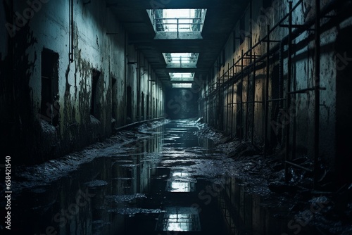 An abandoned, dark passageway within dilapidated correctional facility. Generative AI photo