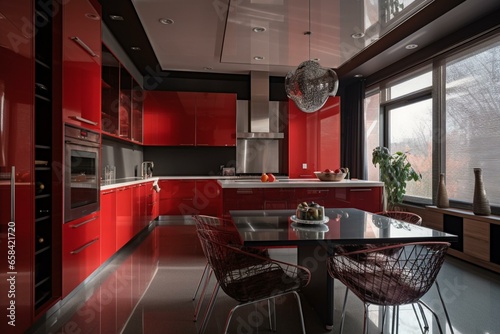 Red metal interior design in a stylish kitchen. Contemporary furniture, sleek appliances, and a comfortable dining area create an inviting space. Generative AI