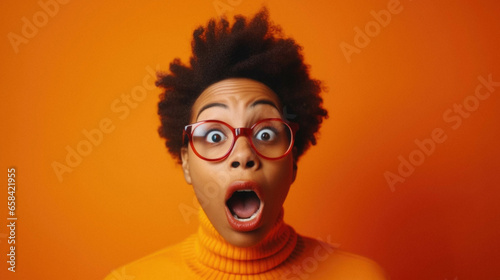 Shocked african woman with open mouth, looking at camera