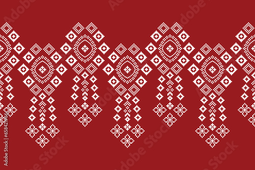 Ethnic geometric fabric pattern Cross Stitch.Ikat embroidery Ethnic oriental Pixel pattern red background. Abstract,vector,illustration. Texture,clothing,frame,decoration,motifs,silk wallpaper.