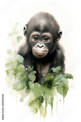 Portrait of a monkey surrounded by foliage isolated on a white background watercolor style