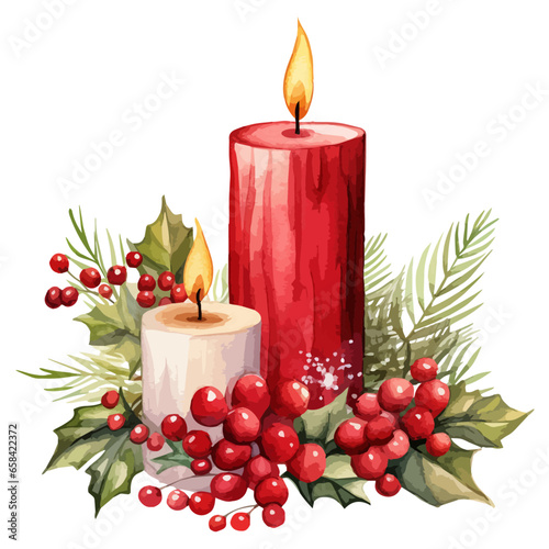 Christmas candle watercolor  illustrations.  Vector Holidays illustration of red and white  candle with berry branch and holly leaves. 