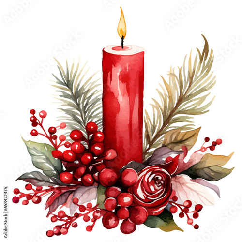 Christmas candle watercolor  illustrations.  Vector Holiday illustration of red candle with flower and leaves.