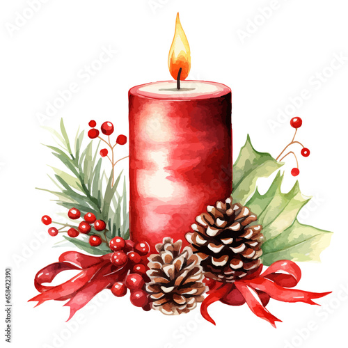Christmas candle watercolor  illustrations.  Vector Holidays illustration of red candle with pine and berry brunches.