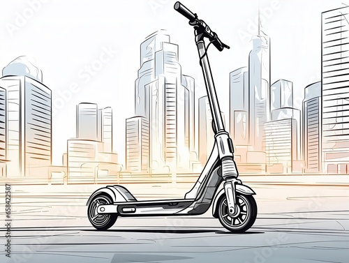 Modern Mobility: Linear Icon of Sleek Electric Scooter Amidst Urban Landscape – Perfect for Design Blogs, Urban Lifestyle Enthusiasts, and Cityscape Showcases and Transportation Guides