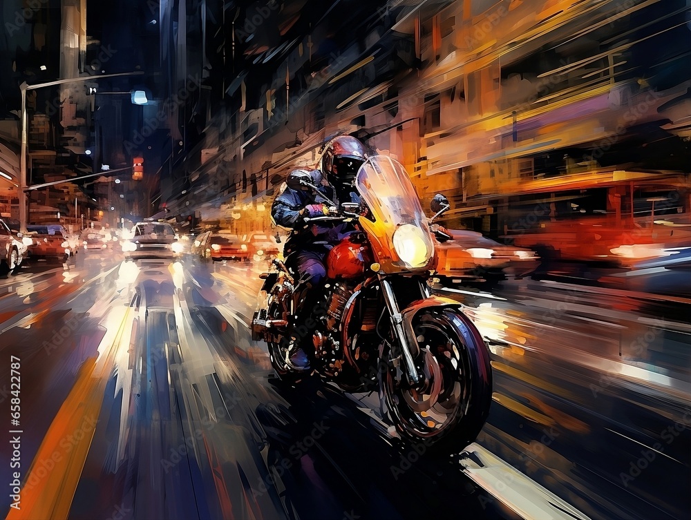 The Thrill of Speed: Dramatic Image of Motorcycle in Motion Against Neon Urban Setting – Ideal for Action Photography, Adventure Articles, and Speed Demonstrationst