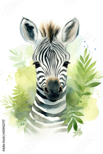 Zebra surrounded by foliage isolated on a white background in watercolor style portrait