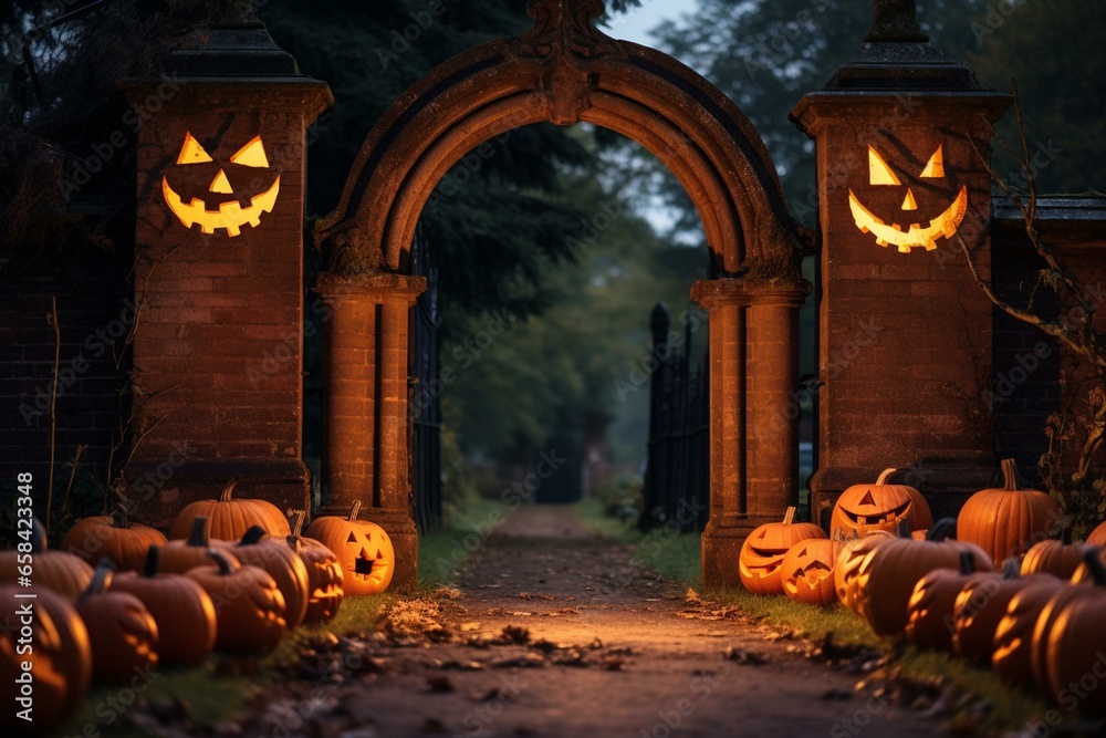 Halloween jack o' lanterns by spooky churchyard gate. Generative AI